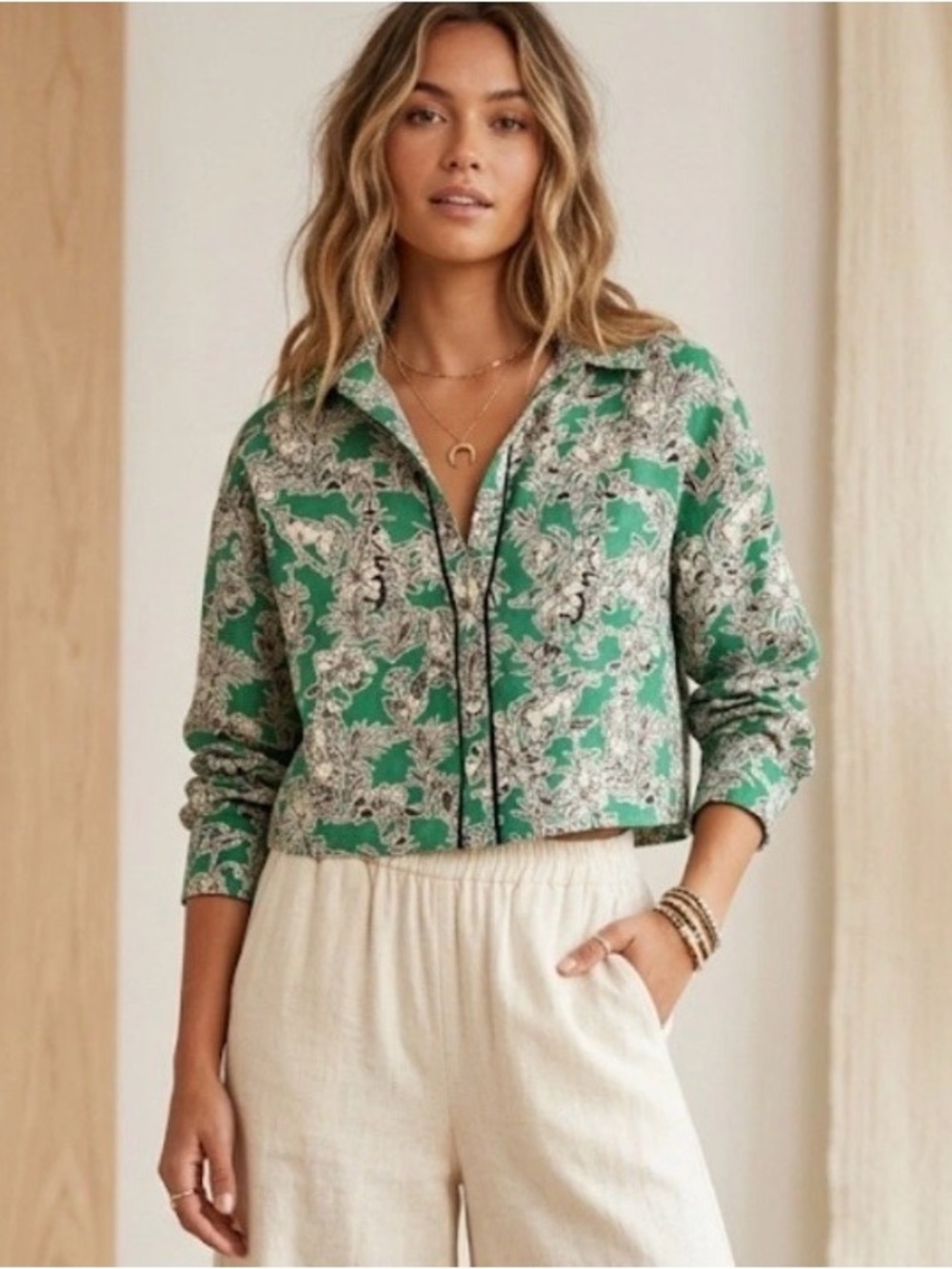 C&C California Green Floral Linen Cropped Top with Leopard Jungle Print XL